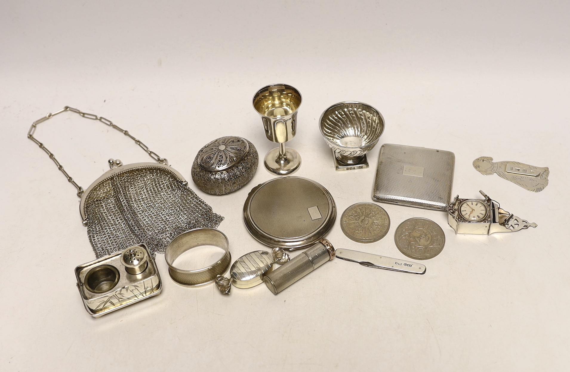 Sundry small silver and white metal items including two silver compacts, penknife, pedestal salt, Japanese sterling condiment, tot, evening bag, filigree box, lipstick holder, bookmark etc.